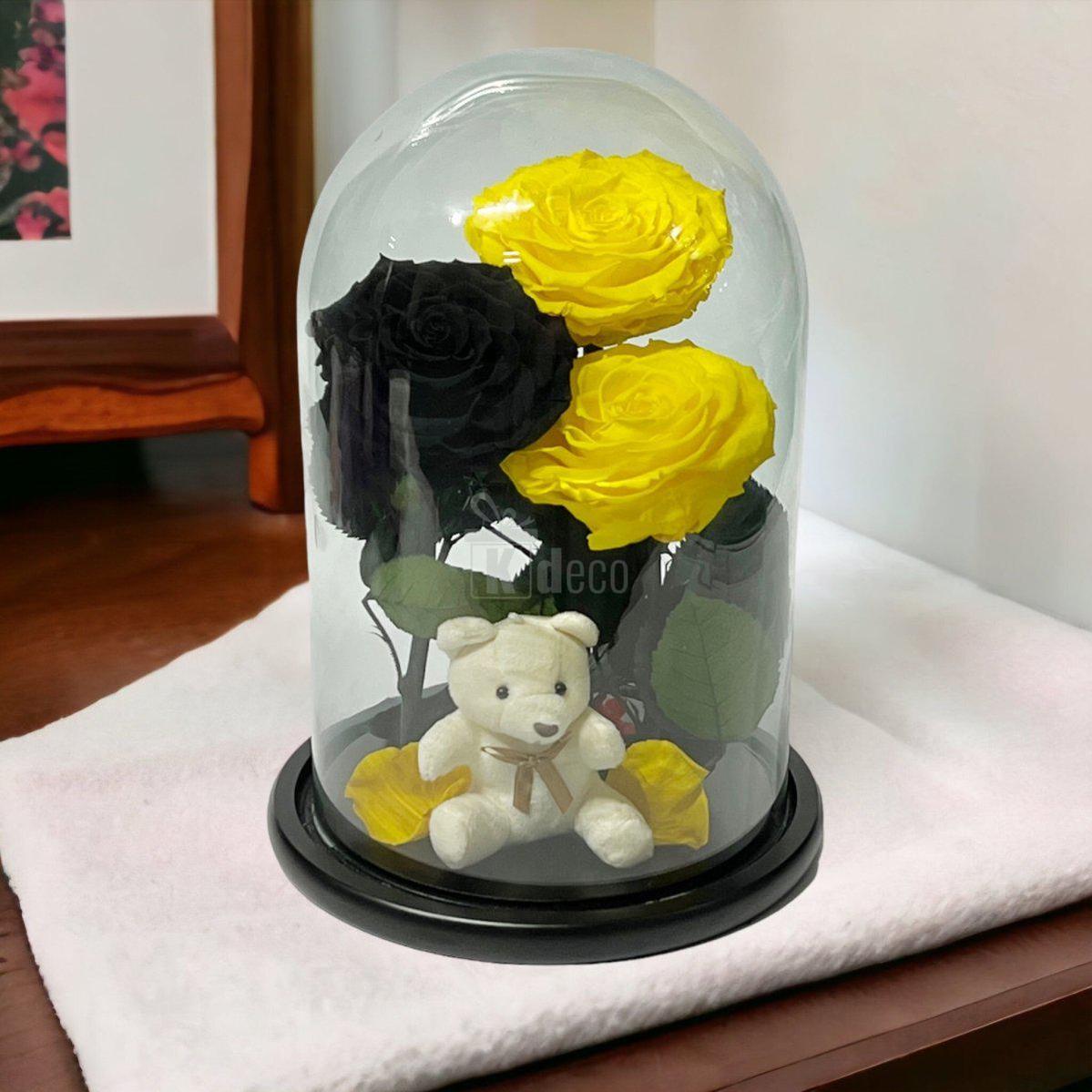 3 Trandafiri Criogenati mari (2 galbeni si 1 negru) in cupola sticla-Kdeco.ro