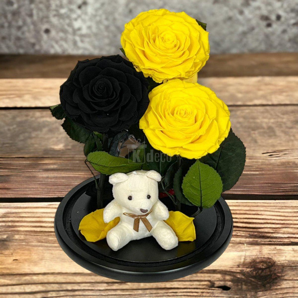 3 Trandafiri Criogenati mari (2 galbeni si 1 negru) in cupola sticla-Kdeco.ro