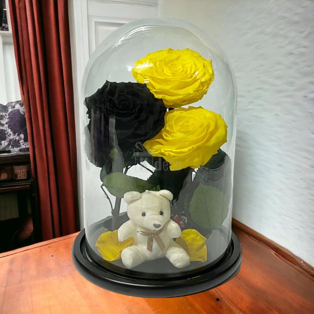 3 Trandafiri Criogenati mari (2 galbeni si 1 negru) in cupola sticla-Kdeco.ro