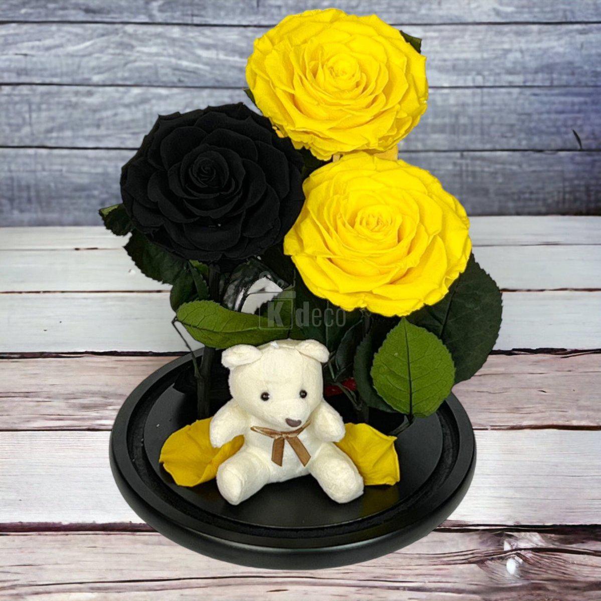 3 Trandafiri Criogenati mari (2 galbeni si 1 negru) in cupola sticla-Kdeco.ro