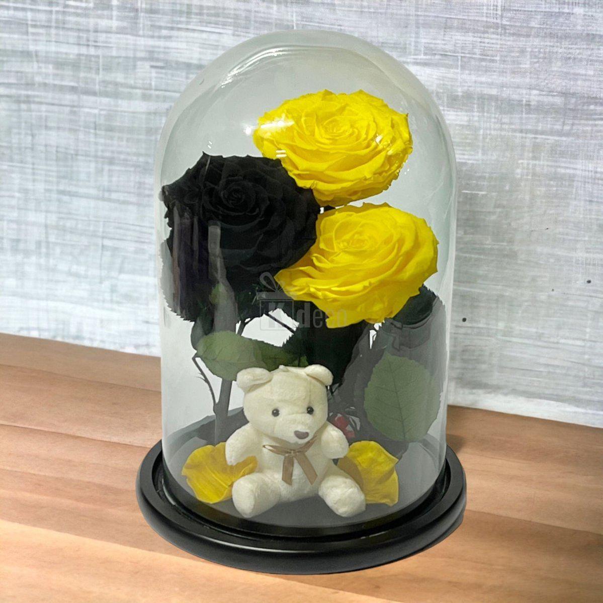 3 Trandafiri Criogenati mari (2 galbeni si 1 negru) in cupola sticla-Kdeco.ro