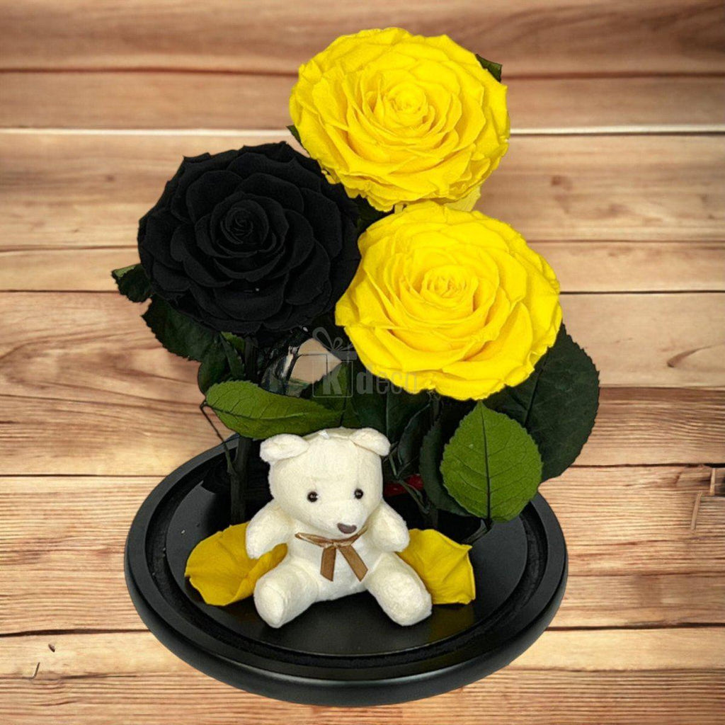 3 Trandafiri Criogenati mari (2 galbeni si 1 negru) in cupola sticla-Kdeco.ro