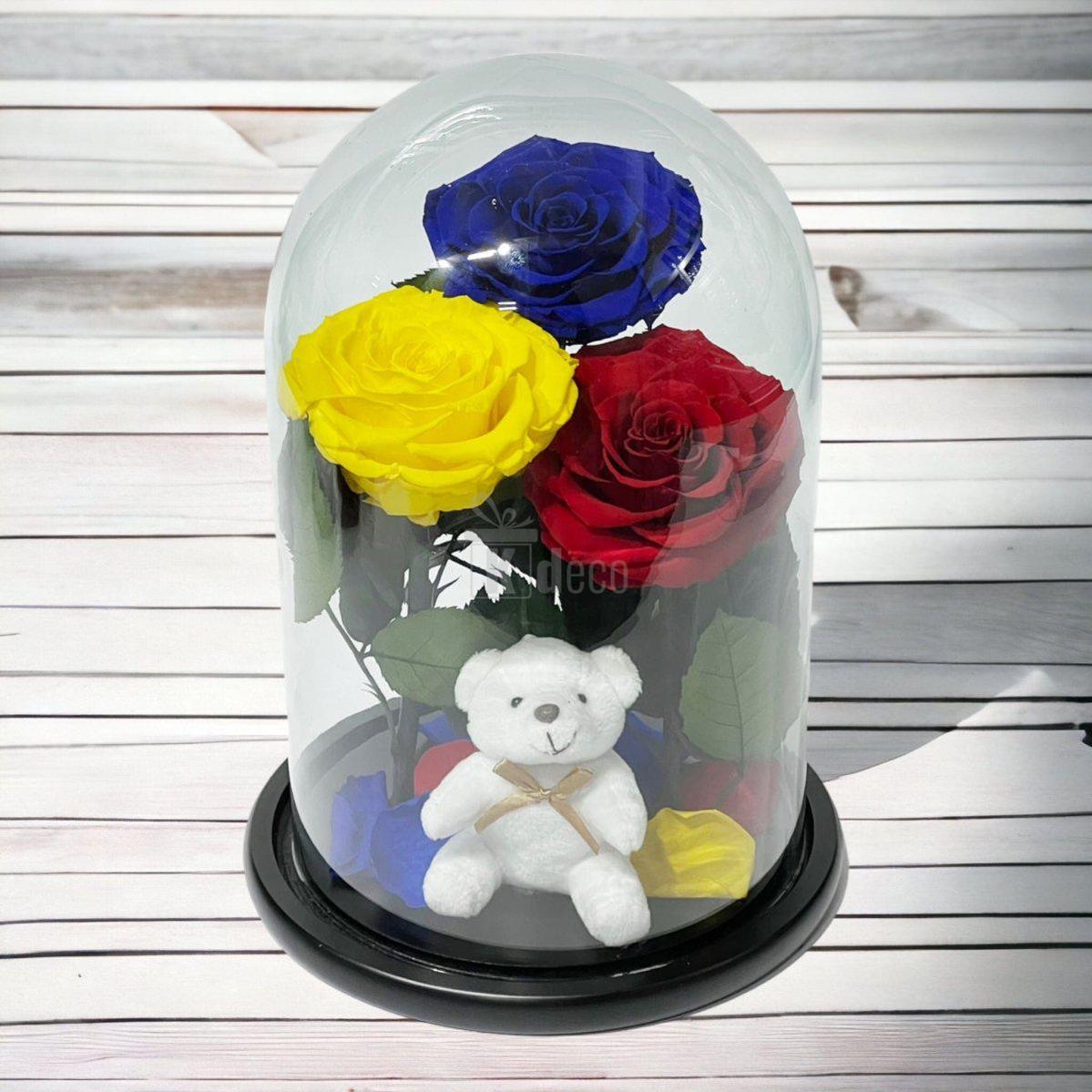 3 Trandafiri Criogenati mari (albastru, galben, rosu) in cupola de sticla-Kdeco.ro
