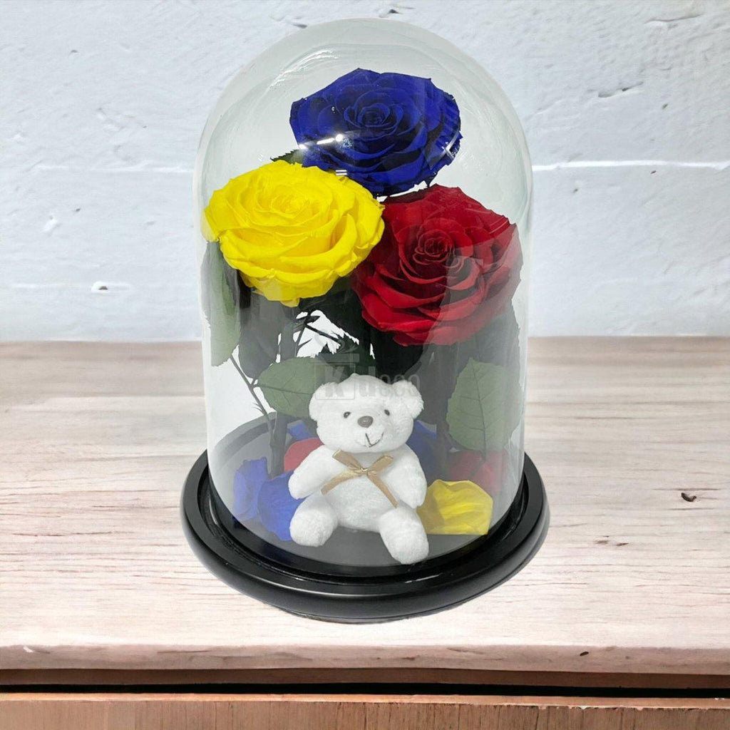 3 Trandafiri Criogenati mari (albastru, galben, rosu) in cupola de sticla-Kdeco.ro