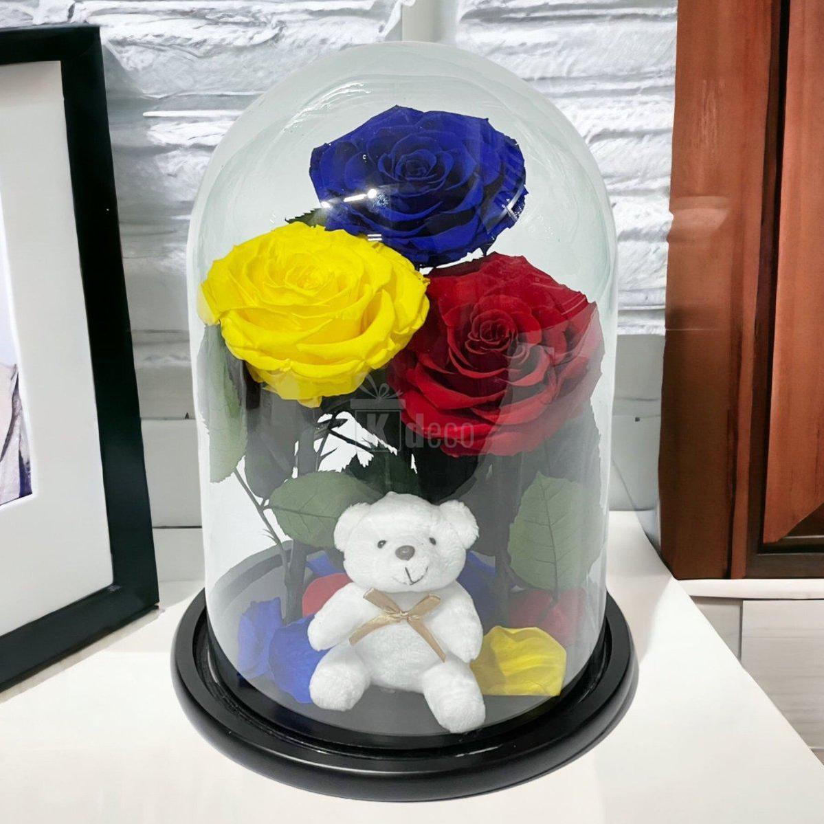 3 Trandafiri Criogenati mari (albastru, galben, rosu) in cupola de sticla-Kdeco.ro