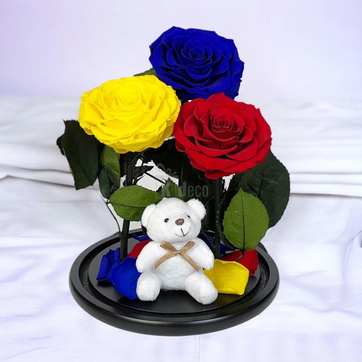 3 Trandafiri Criogenati mari (albastru, galben, rosu) in cupola de sticla-Kdeco.ro