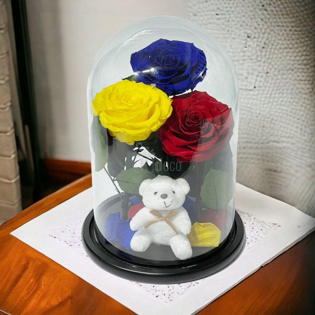 3 Trandafiri Criogenati mari (albastru, galben, rosu) in cupola de sticla-Kdeco.ro