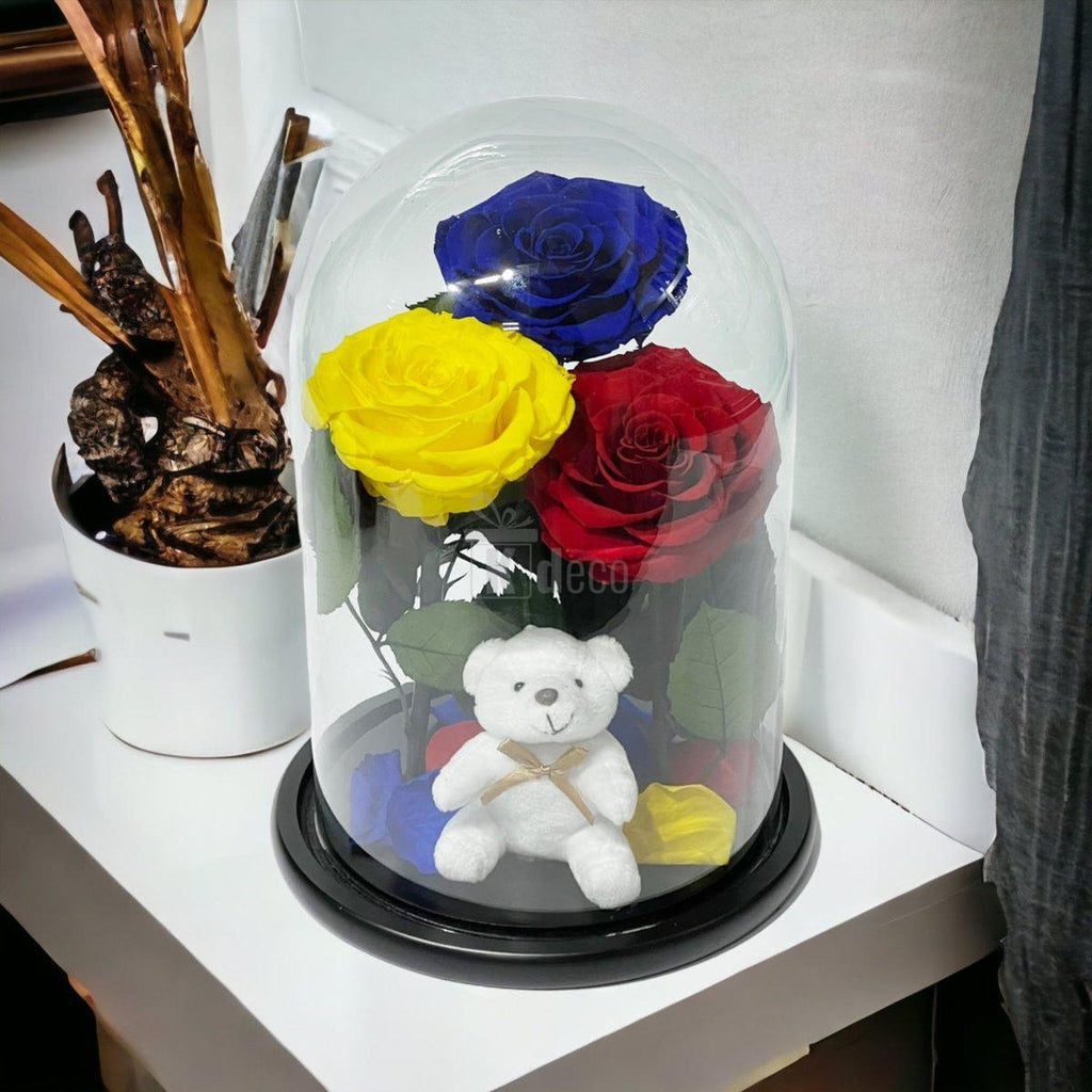 3 Trandafiri Criogenati mari (albastru, galben, rosu) in cupola de sticla-Kdeco.ro