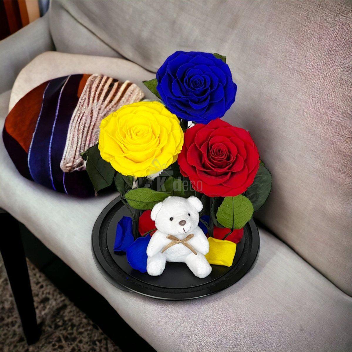 3 Trandafiri Criogenati mari (albastru, galben, rosu) in cupola de sticla-Kdeco.ro