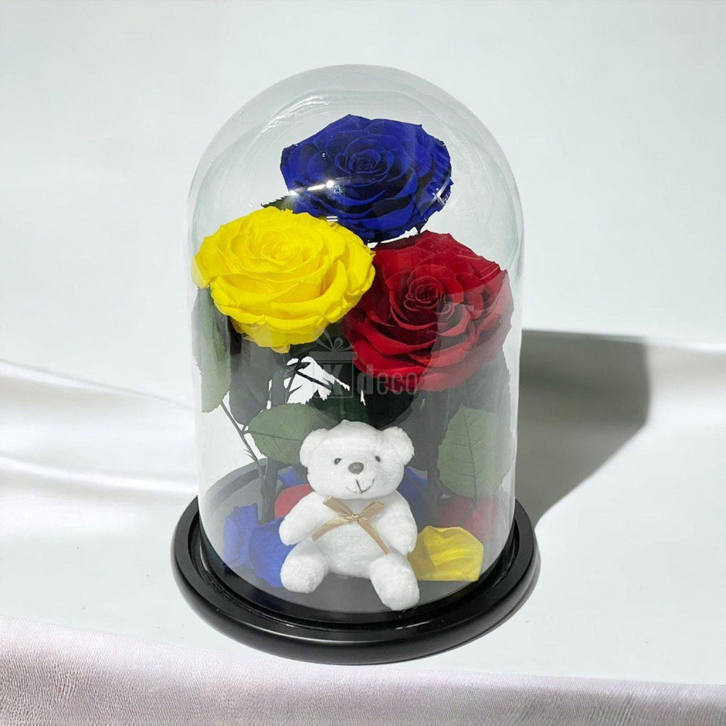 3 Trandafiri Criogenati mari (albastru, galben, rosu) in cupola de sticla-Kdeco.ro