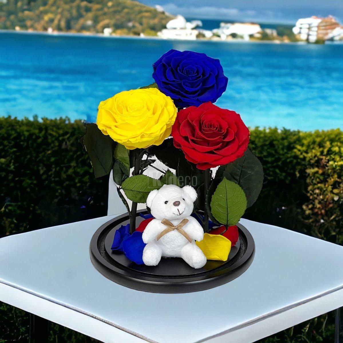 3 Trandafiri Criogenati mari (albastru, galben, rosu) in cupola de sticla-Kdeco.ro