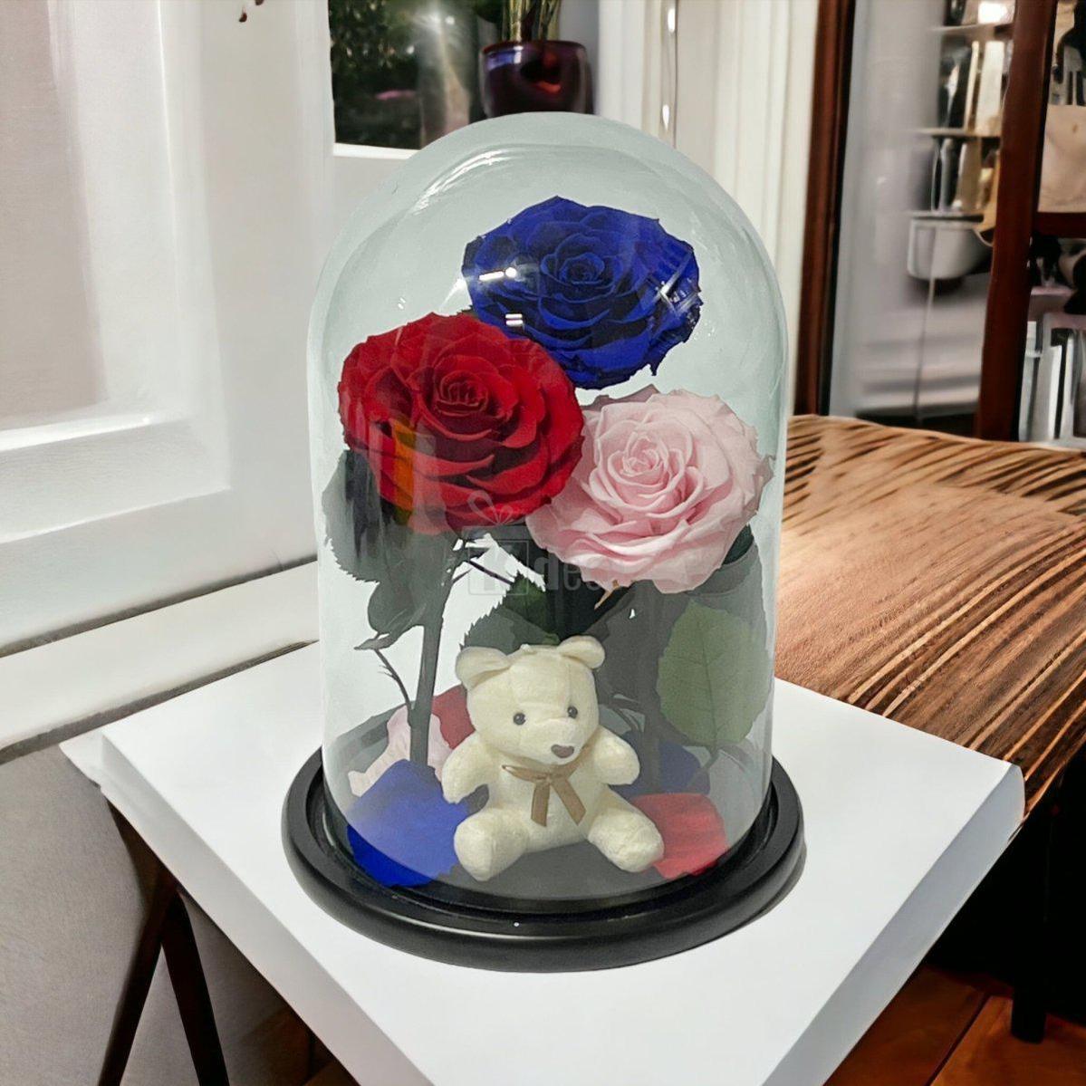3 Trandafiri Criogenati mari (rosu, albastru, roz) in cupola de sticla-Kdeco.ro
