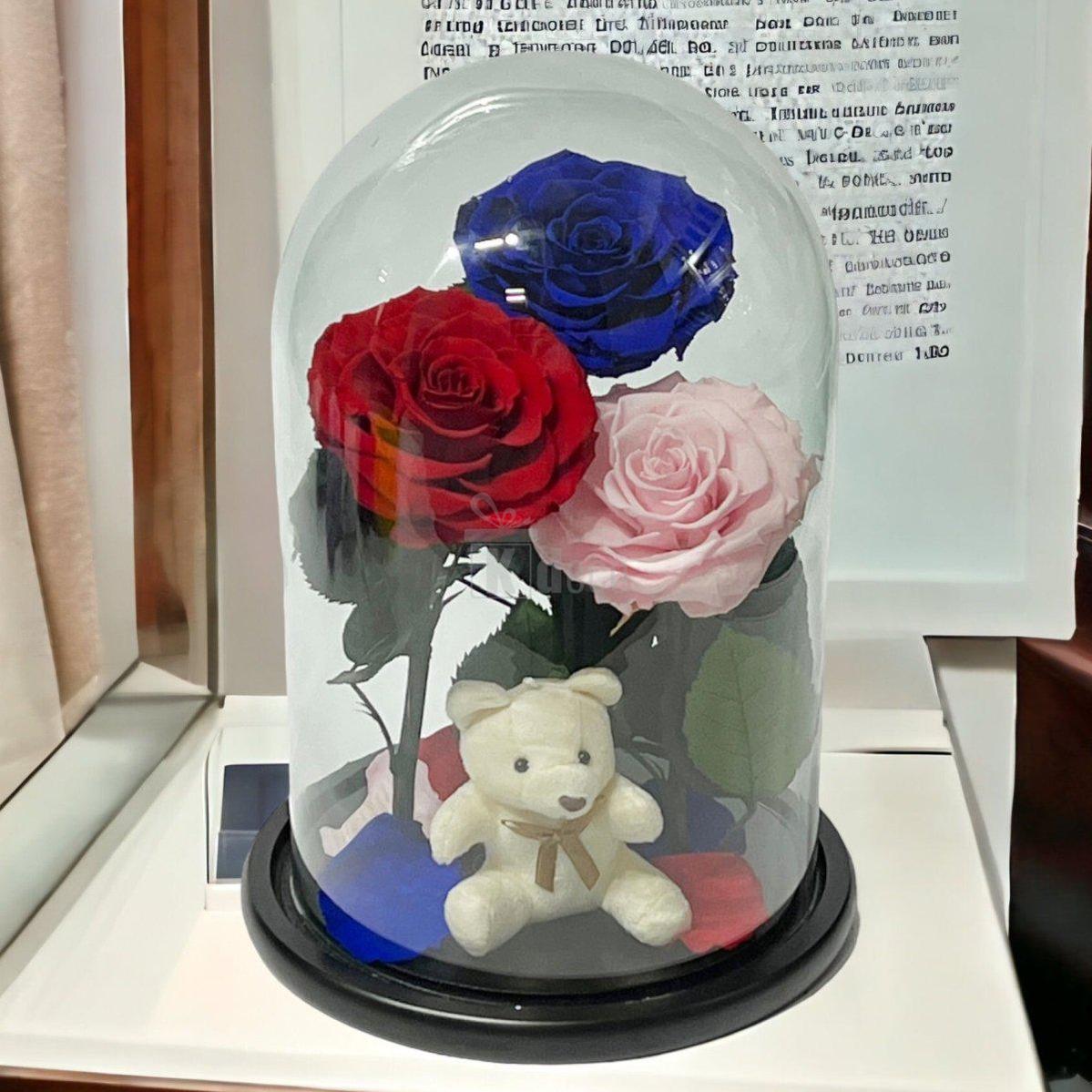 3 Trandafiri Criogenati mari (rosu, albastru, roz) in cupola de sticla-Kdeco.ro