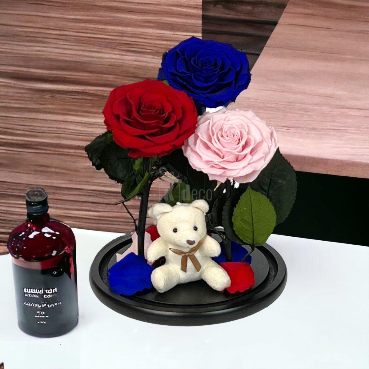 3 Trandafiri Criogenati mari (rosu, albastru, roz) in cupola de sticla-Kdeco.ro