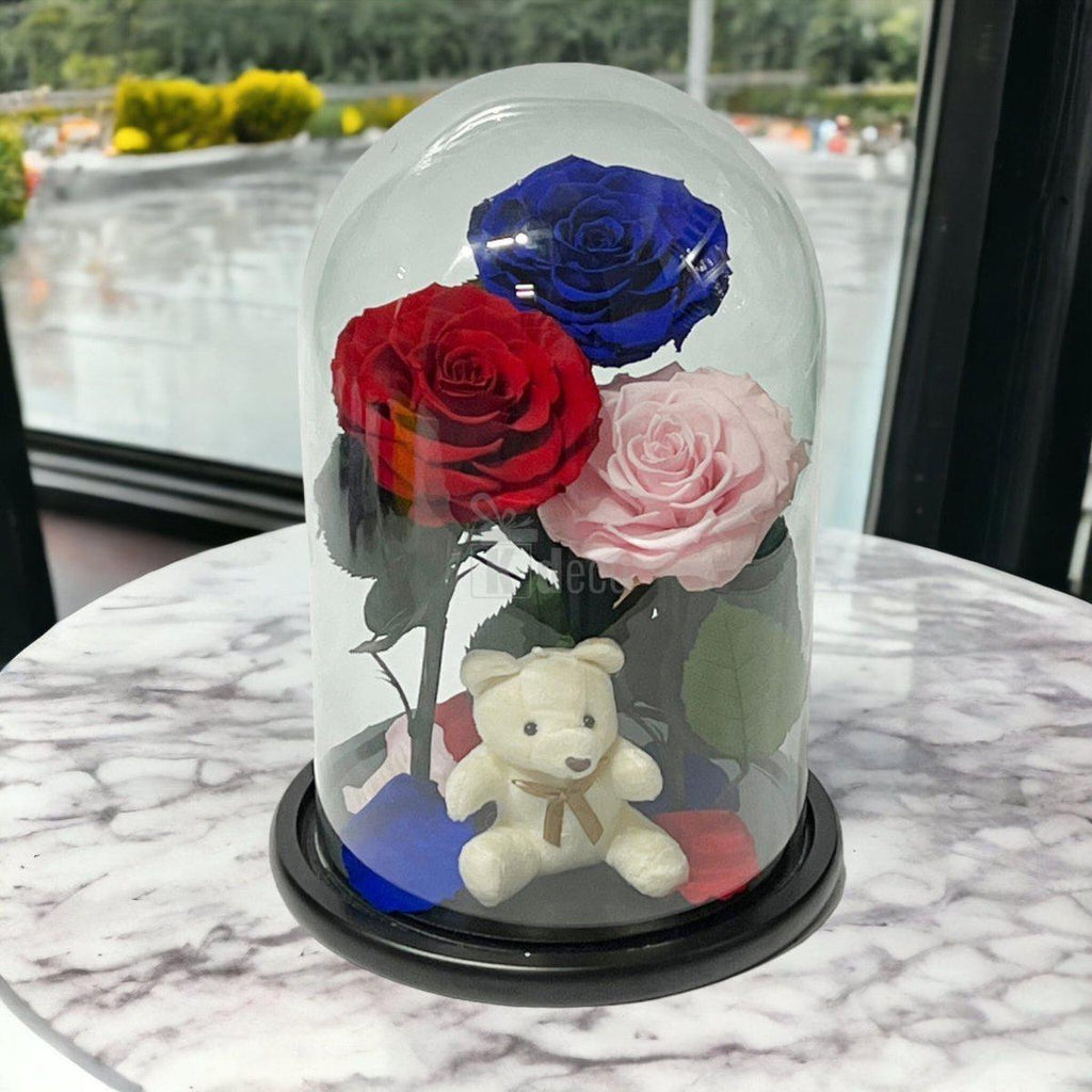 3 Trandafiri Criogenati mari (rosu, albastru, roz) in cupola de sticla-Kdeco.ro