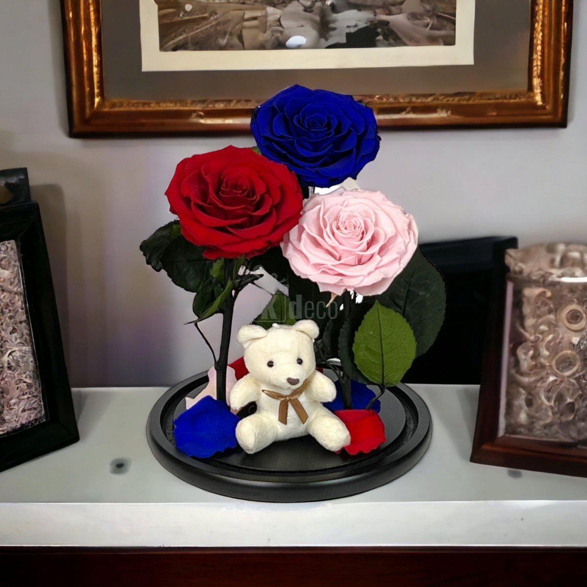 3 Trandafiri Criogenati mari (rosu, albastru, roz) in cupola de sticla-Kdeco.ro