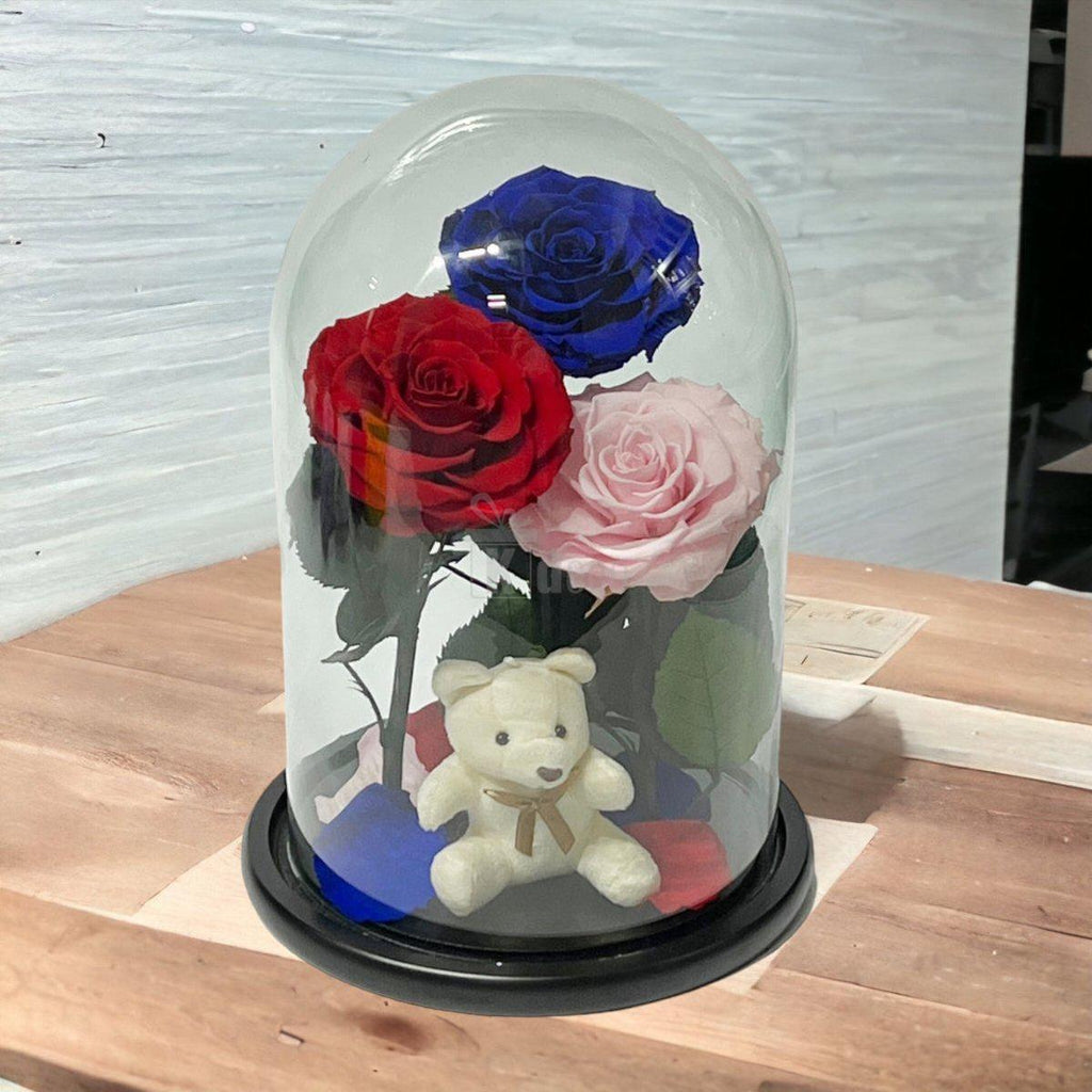 3 Trandafiri Criogenati mari (rosu, albastru, roz) in cupola de sticla-Kdeco.ro