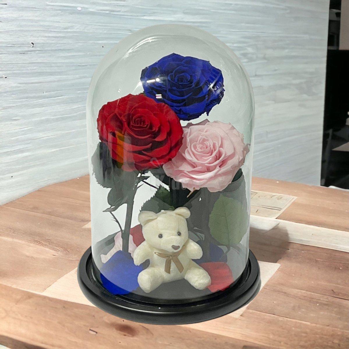 3 Trandafiri Criogenati mari (rosu, albastru, roz) in cupola de sticla-Kdeco.ro