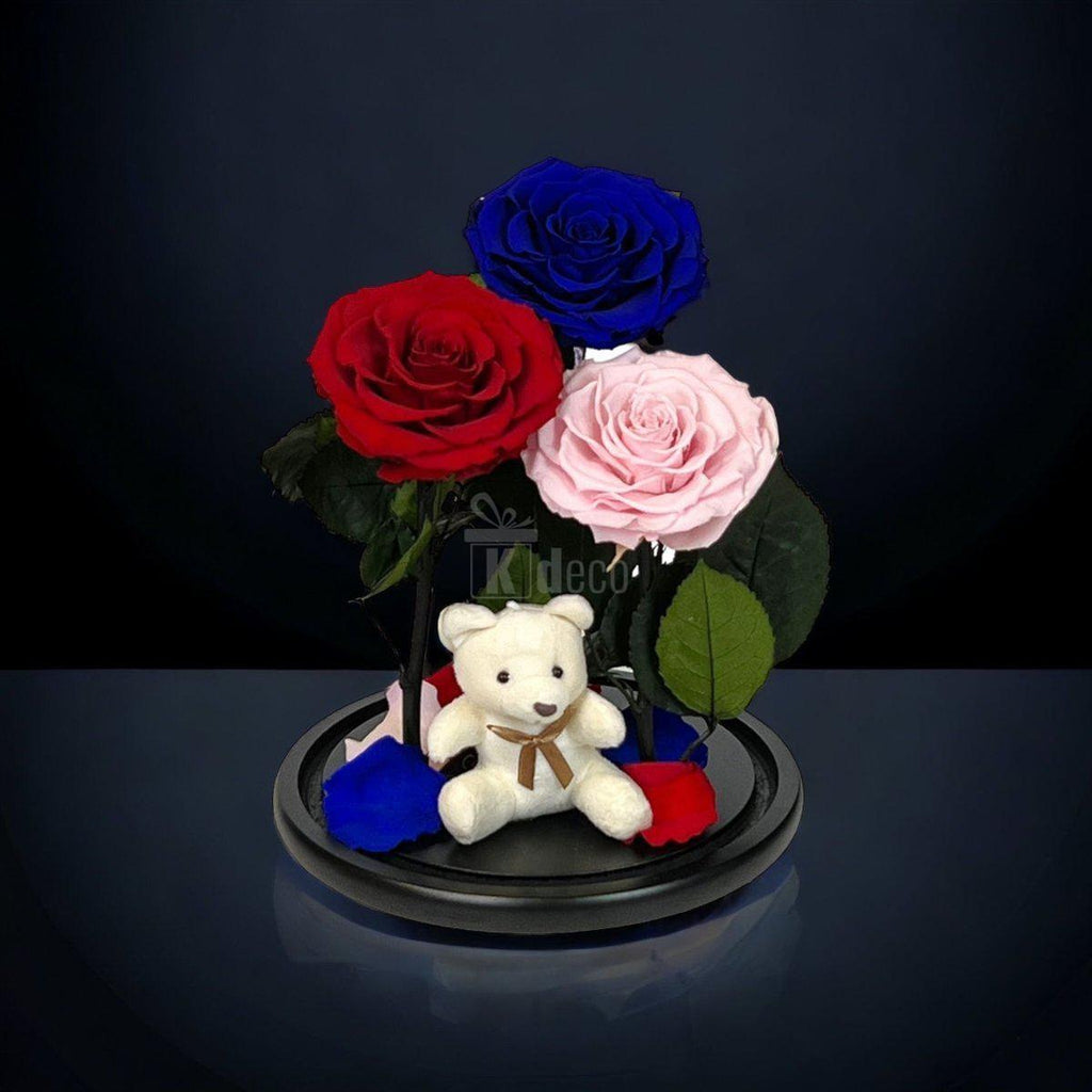 3 Trandafiri Criogenati mari (rosu, albastru, roz) in cupola de sticla-Kdeco.ro