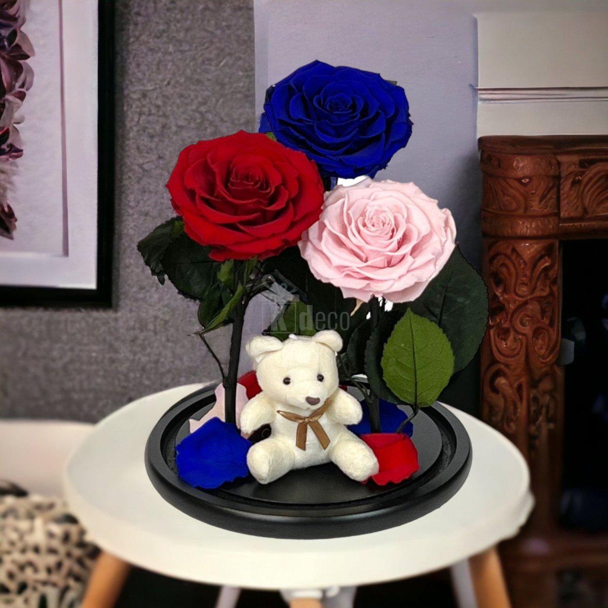 3 Trandafiri Criogenati mari (rosu, albastru, roz) in cupola de sticla-Kdeco.ro