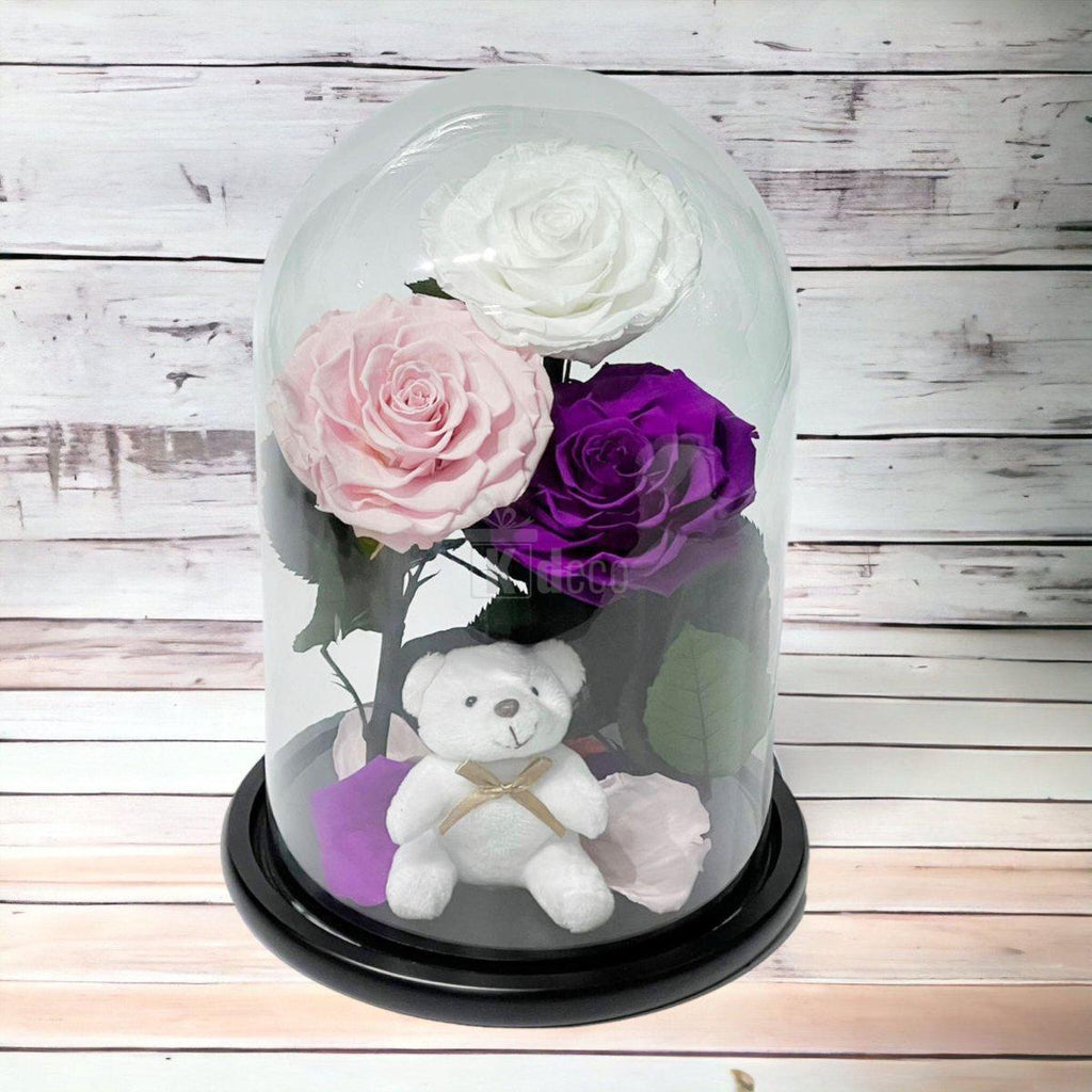3 Trandafiri Criogenati mari (alb, roz, purpuriu) in cupola de sticla-Kdeco.ro