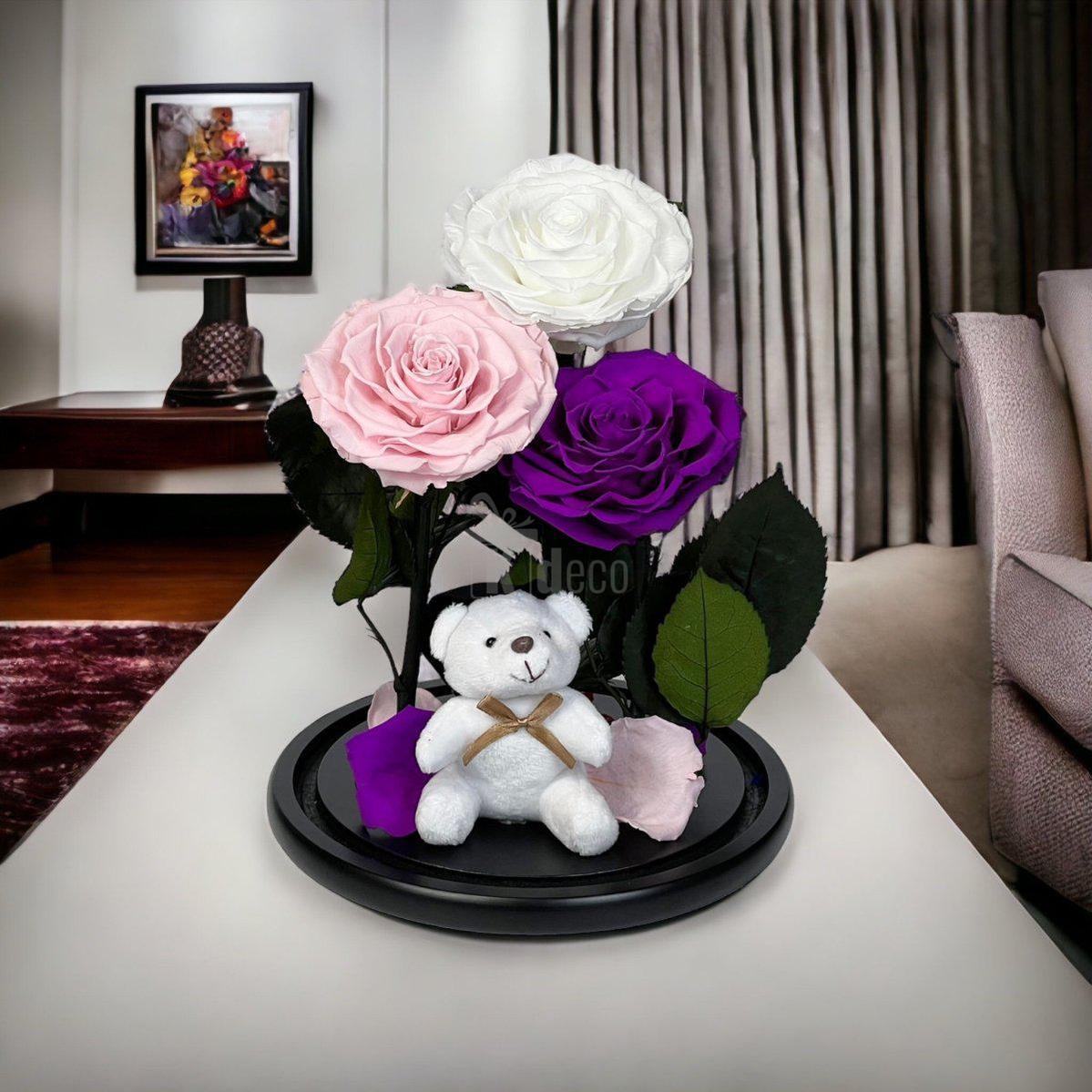 3 Trandafiri Criogenati mari (alb, roz, purpuriu) in cupola de sticla-Kdeco.ro