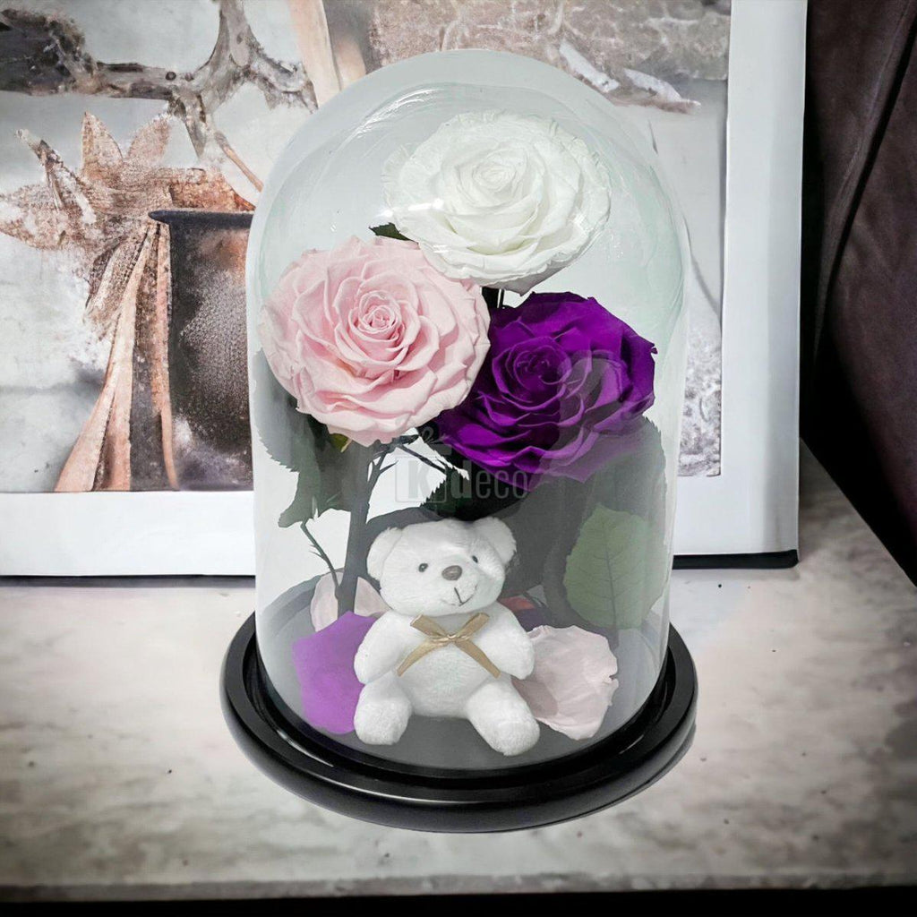 3 Trandafiri Criogenati mari (alb, roz, purpuriu) in cupola de sticla-Kdeco.ro