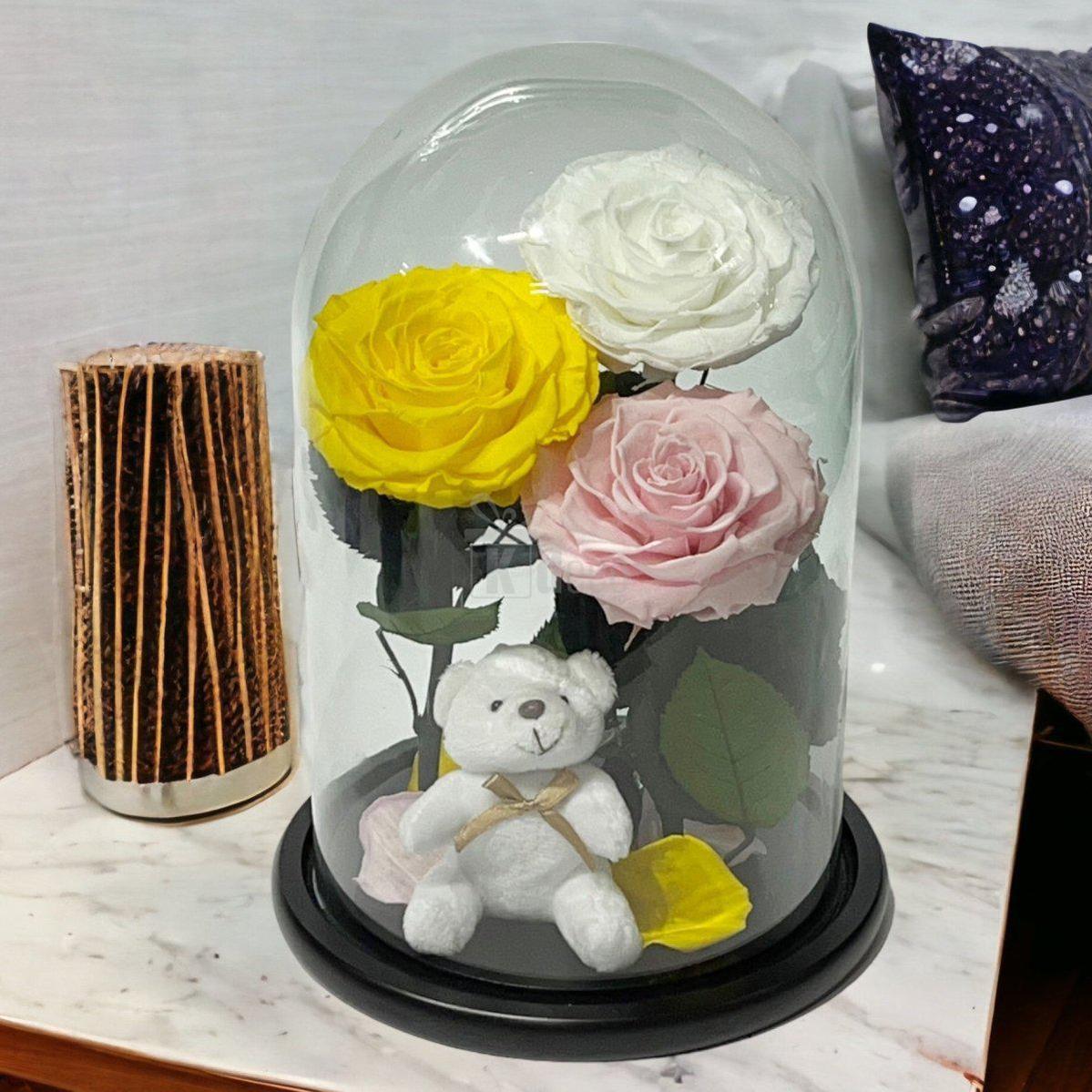 3 Trandafiri Criogenati mari (galben, alb, roz) in cupola de sticla-Kdeco.ro