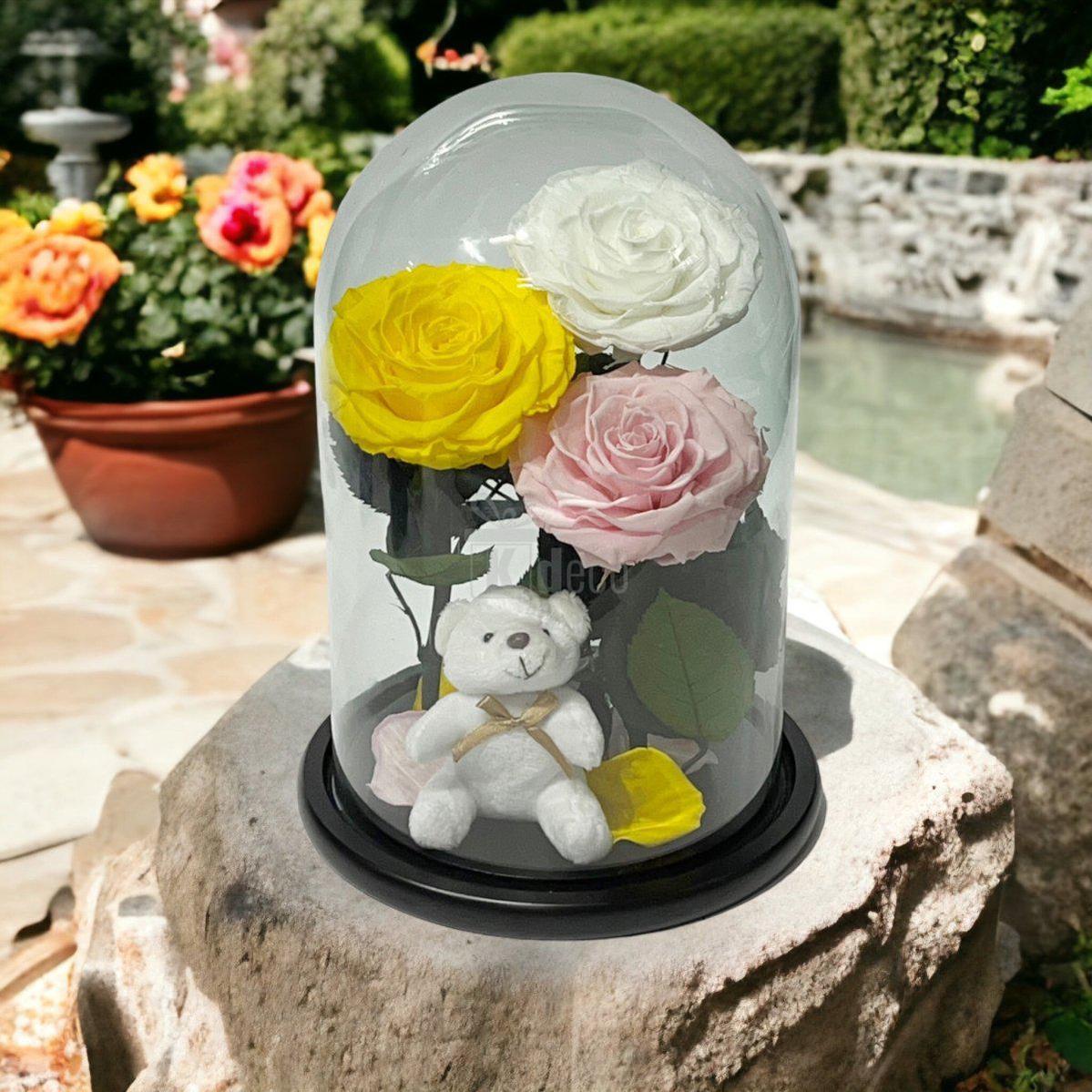 3 Trandafiri Criogenati mari (galben, alb, roz) in cupola de sticla-Kdeco.ro