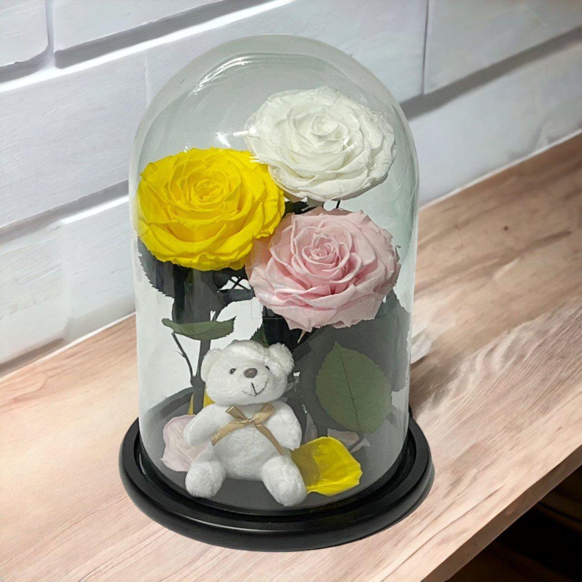 3 Trandafiri Criogenati mari (galben, alb, roz) in cupola de sticla-Kdeco.ro