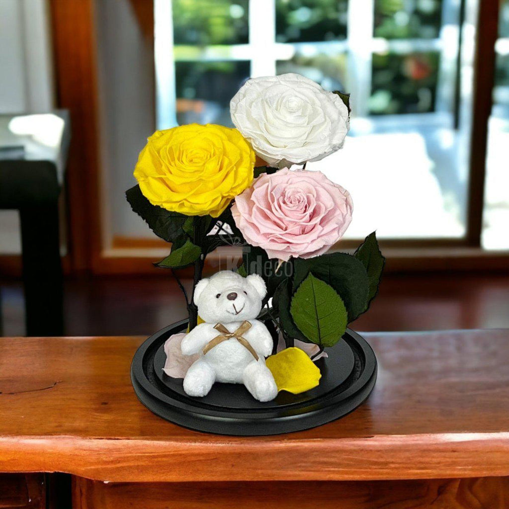 3 Trandafiri Criogenati mari (galben, alb, roz) in cupola de sticla-Kdeco.ro