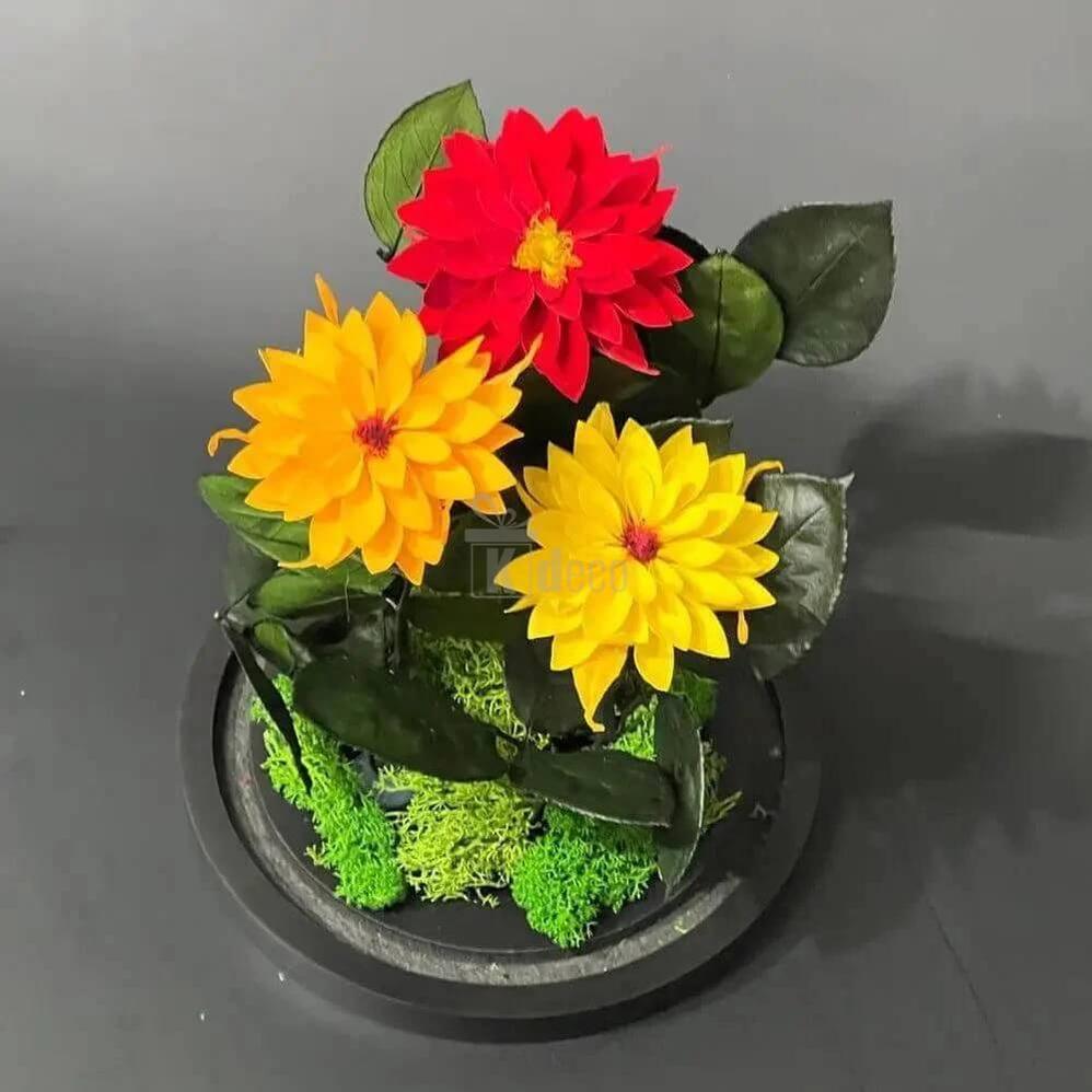 Set de Dalii Criogenate (roșu, galben, portocaliu) în cupolă de sticlă elegantă - Kdeco.ro