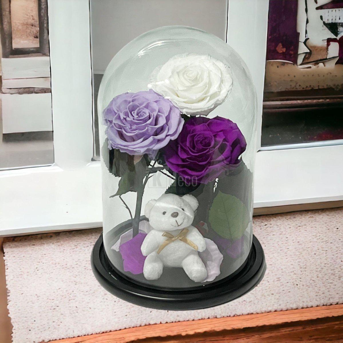 3 Trandafiri Criogenati mari (alb, lila, purpuriu) in cupola de sticla-Kdeco.ro