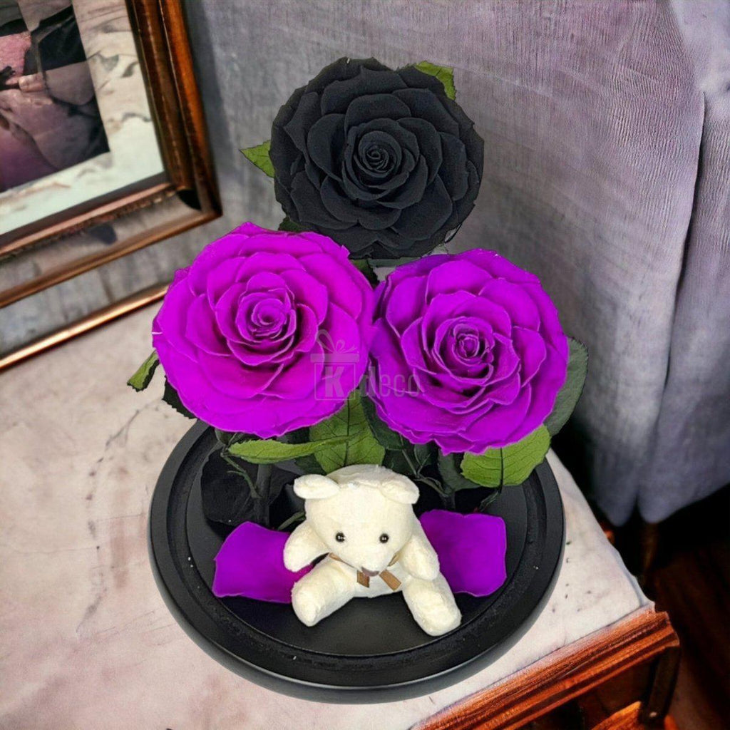 3 Trandafiri Criogenati mari (2 purpurii si 1 negru) in cupola sticla-Kdeco.ro