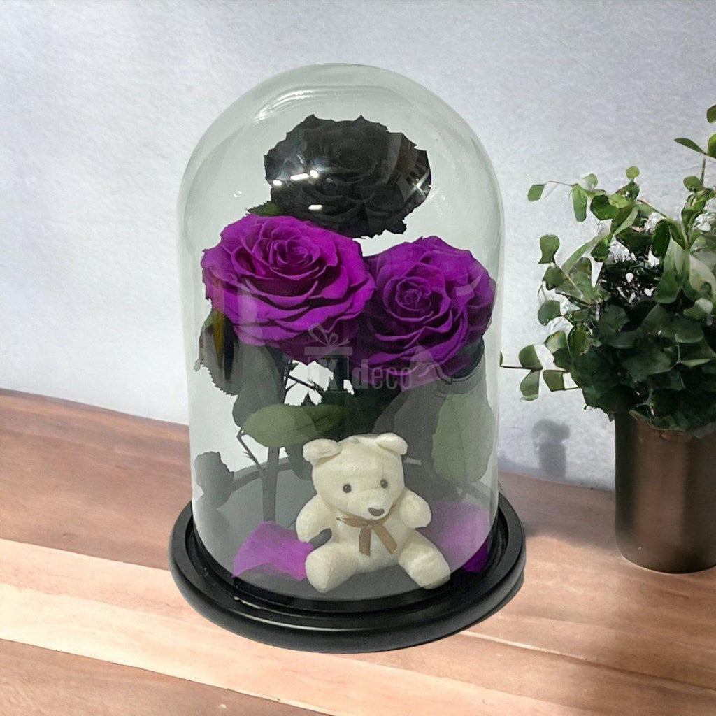 3 Trandafiri Criogenati mari (2 purpurii si 1 negru) in cupola sticla-Kdeco.ro