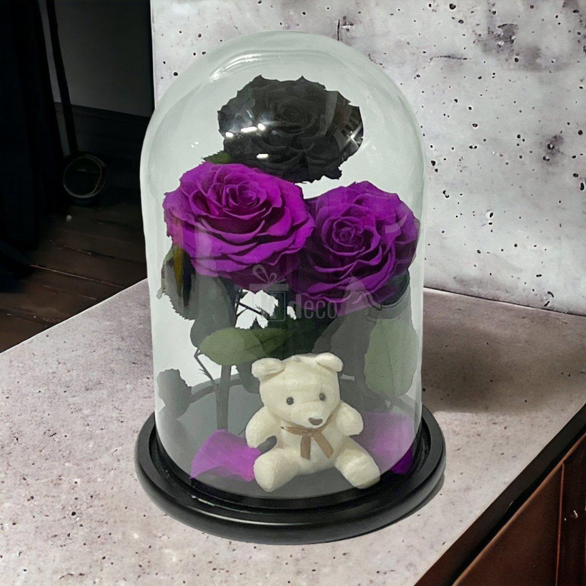 3 Trandafiri Criogenati mari (2 purpurii si 1 negru) in cupola sticla-Kdeco.ro