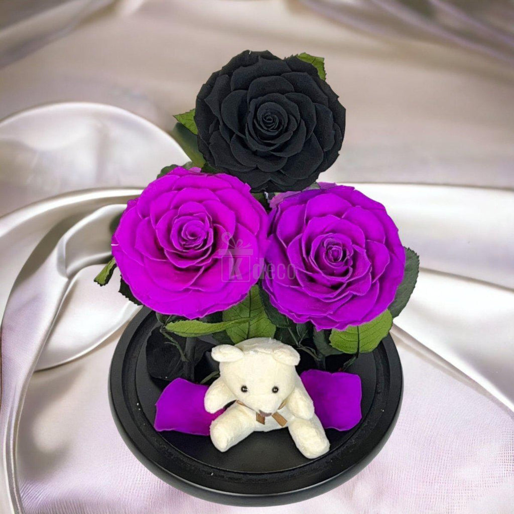 3 Trandafiri Criogenati mari (2 purpurii si 1 negru) in cupola sticla-Kdeco.ro