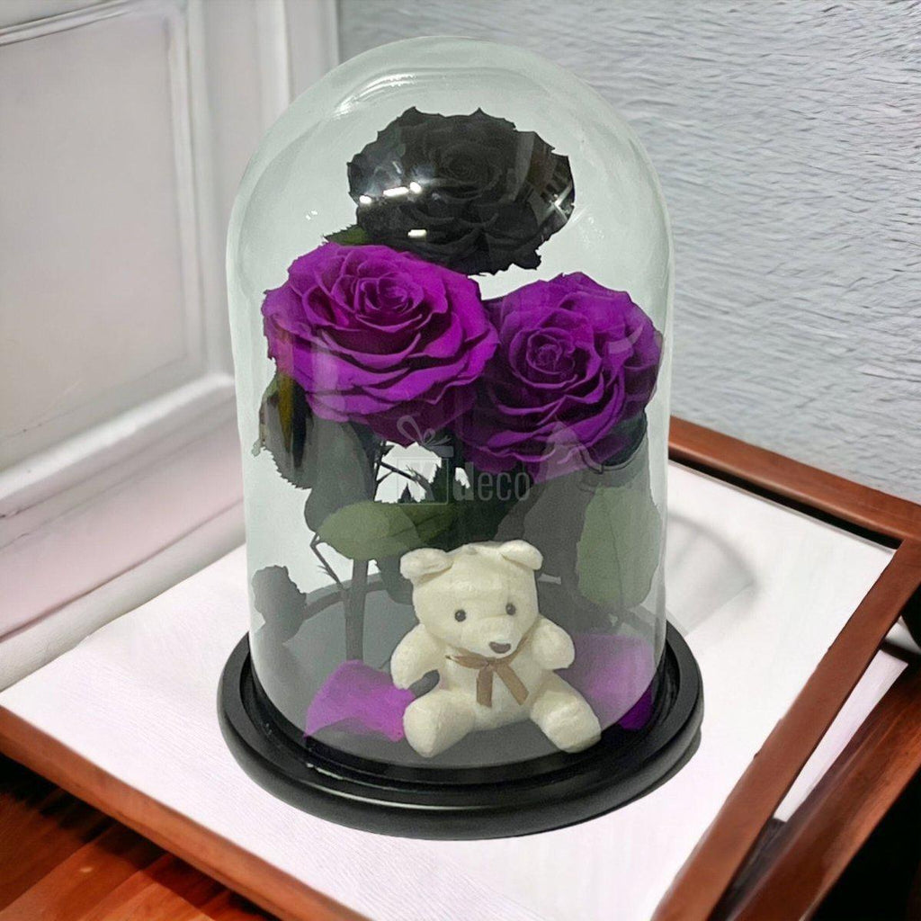 3 Trandafiri Criogenati mari (2 purpurii si 1 negru) in cupola sticla-Kdeco.ro