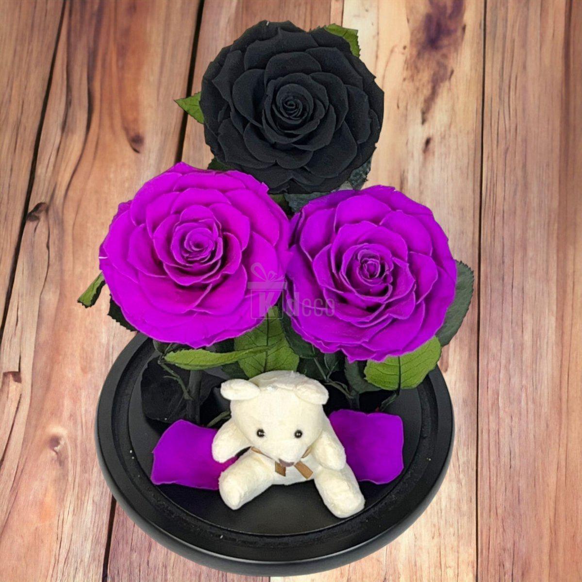 3 Trandafiri Criogenati mari (2 purpurii si 1 negru) in cupola sticla-Kdeco.ro