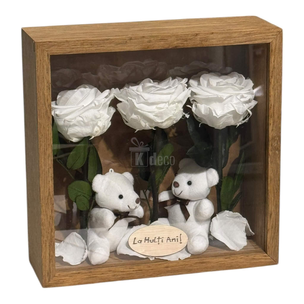 Tablou cadou cu 3 trandafiri criogenați albi și doi ursuleți de plus, decor elegant pentru casă sau dar simbolic.