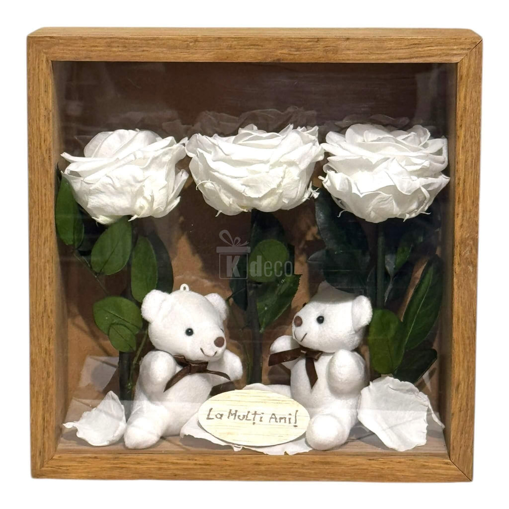 Tablou cadou elegant cu 3 trandafiri criogenați albi și ursuleți de plus, perfect pentru aniversări sau ocazii speciale.