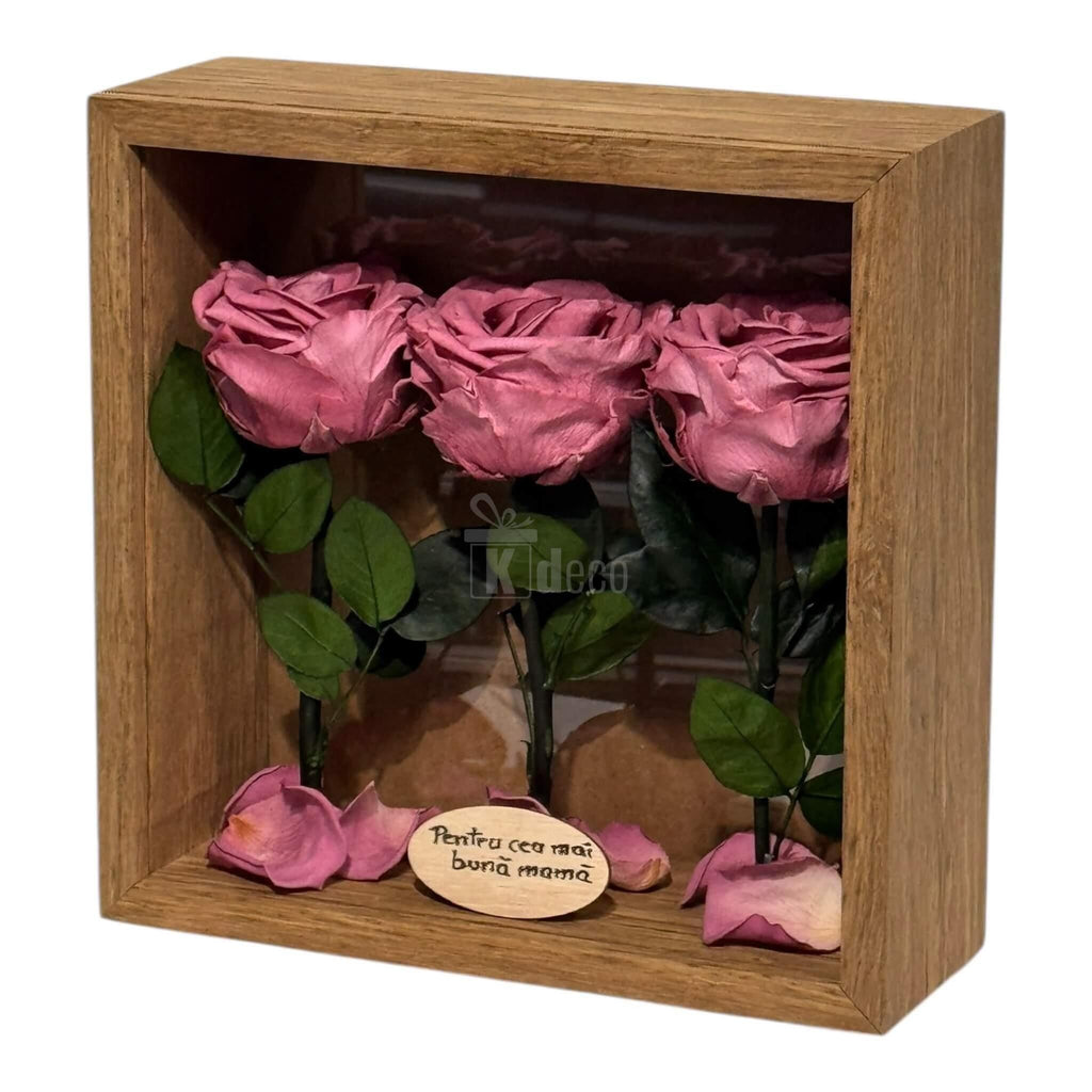 Tablou cu 3 trandafiri criogenați mov pudrat în ramă de lemn, cadou natural și rafinat pentru decorarea casei