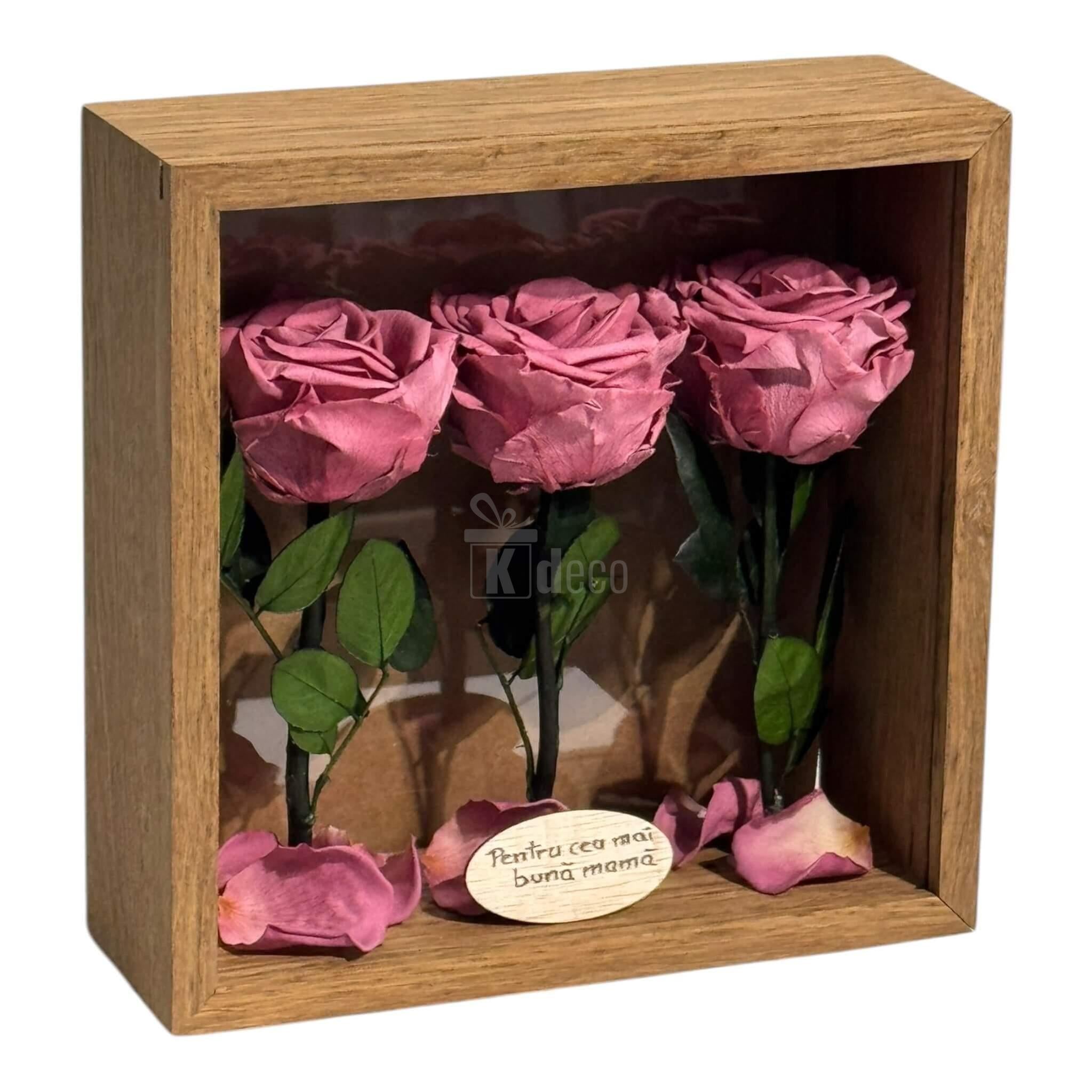 Decor floral cu trandafiri criogenați mov pudrat în cutie de lemn, Tablou 27x27cm – cadou natural și rafinat pentru ocazii speciale