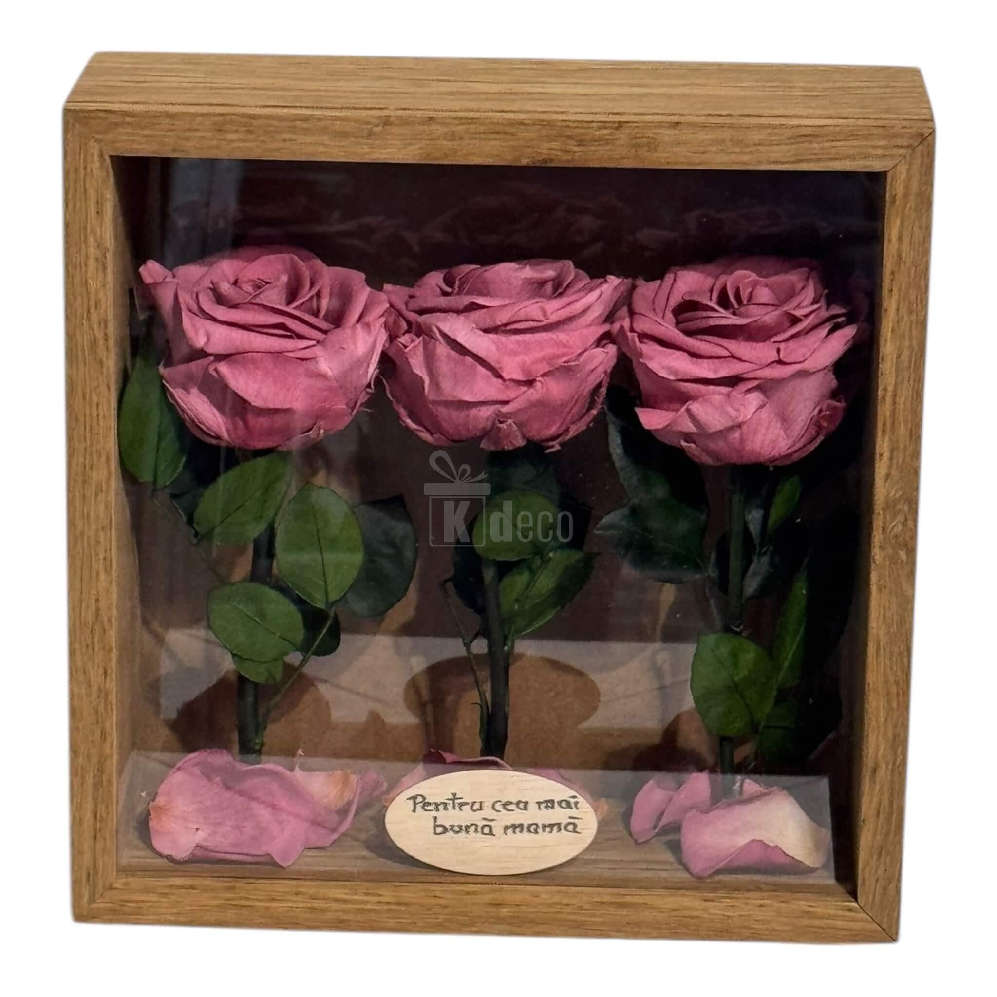 Trandafiri criogenați mov pudrat în tablou decorativ 27x27cm, cadou natural și elegant pentru mama sau persoana iubită