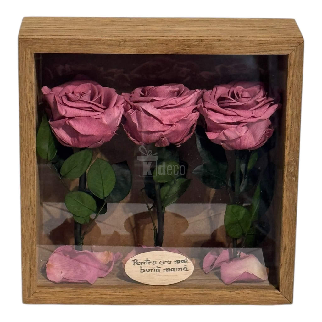 Tablou cu trandafiri criogenați mov pudrat, mesaj dedicat mamei, decor natural și emoționant pentru orice spațiu