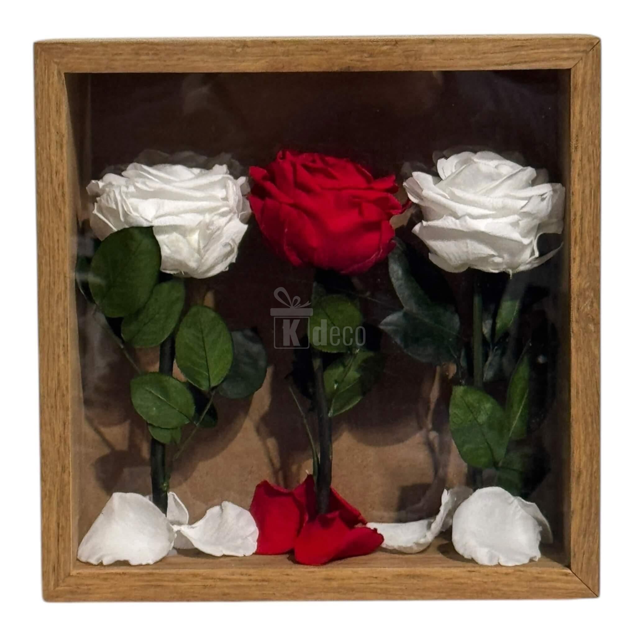 Tablou cu 3 Trandafiri Criogenați pe Pat de Petale – Eleganță și Rafinament, 27x27cm - Kdeco.ro