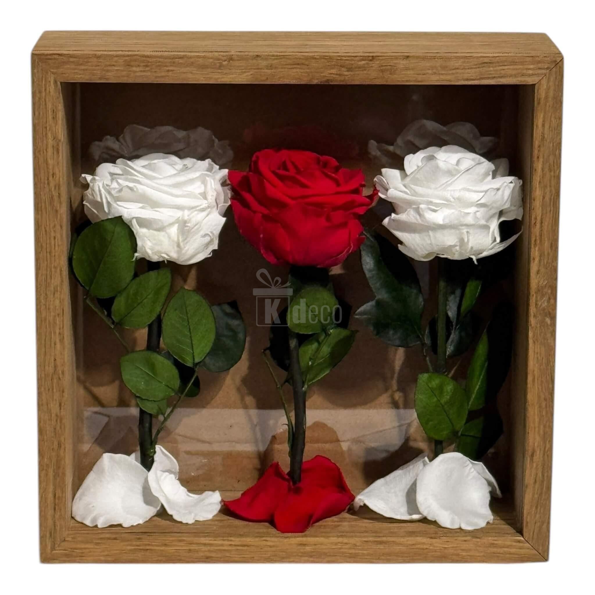 Tablou cu 3 Trandafiri Criogenați pe Pat de Petale – Eleganță și Rafinament, 27x27cm - Kdeco.ro