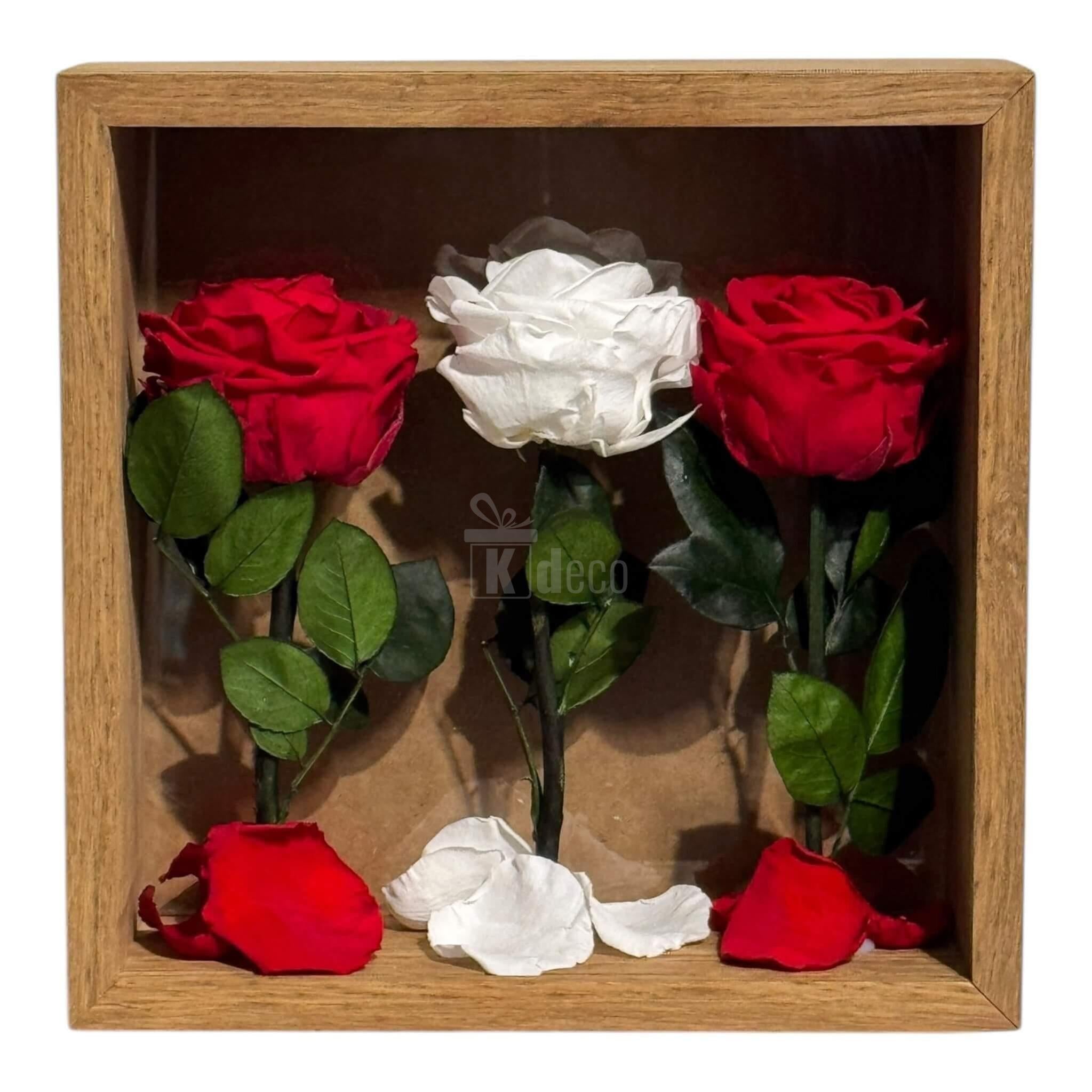 Tablou cu 3 Trandafiri Criogenați – Simbol al Iubirii și Purității, 27x27 cm - Kdeco.ro
