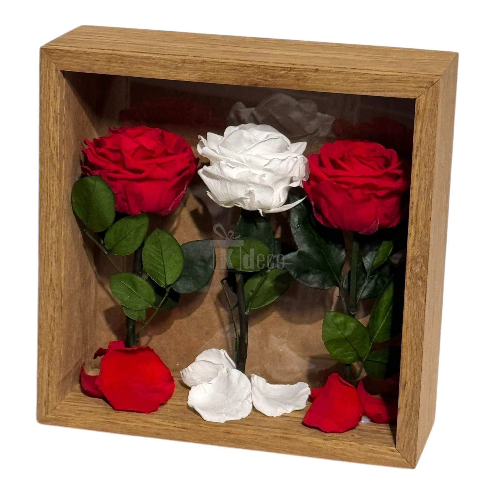 Tablou cu 3 Trandafiri Criogenați – Simbol al Iubirii și Purității, 27x27 cm - Kdeco.ro