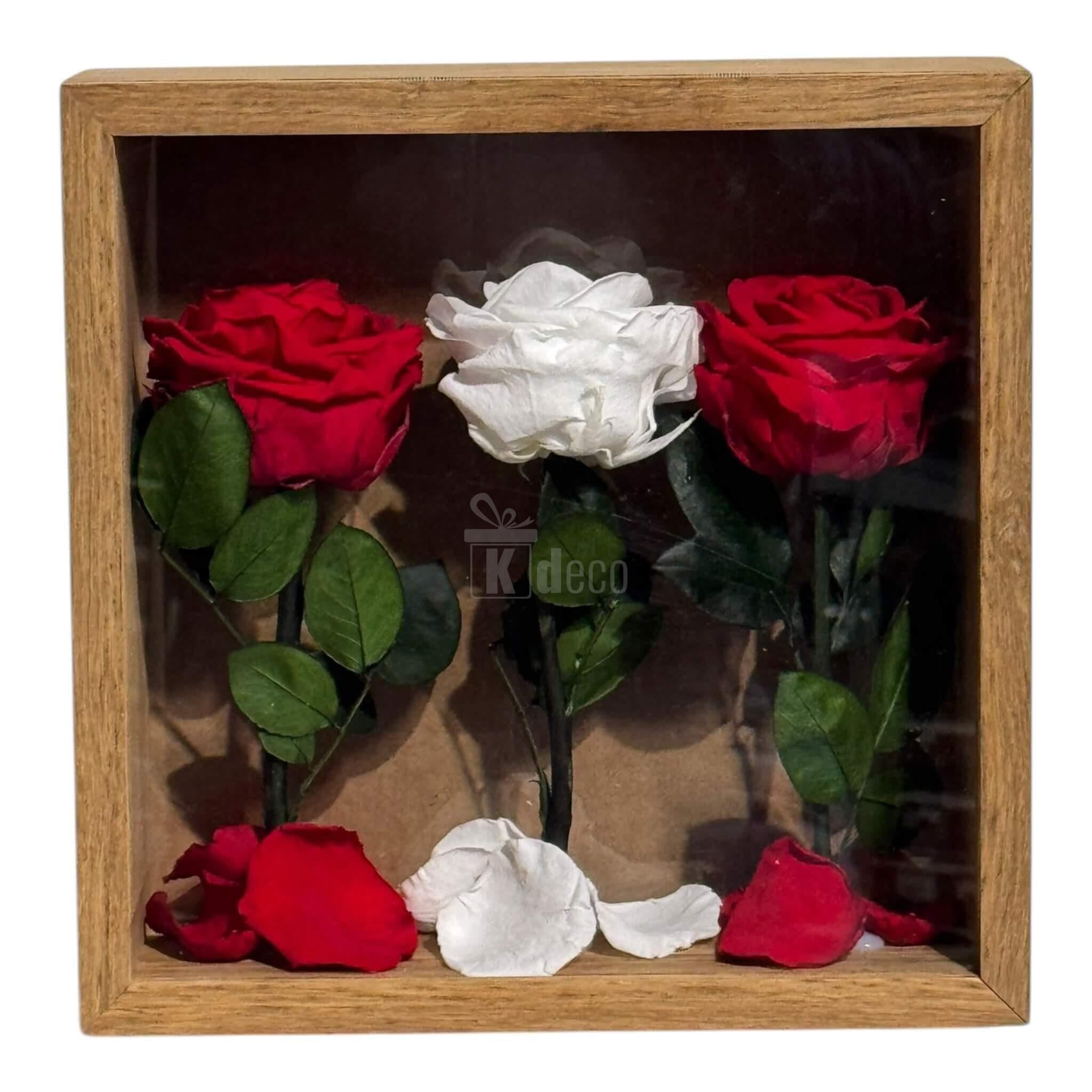 Tablou cu 3 Trandafiri Criogenați – Simbol al Iubirii și Purității, 27x27 cm - Kdeco.ro